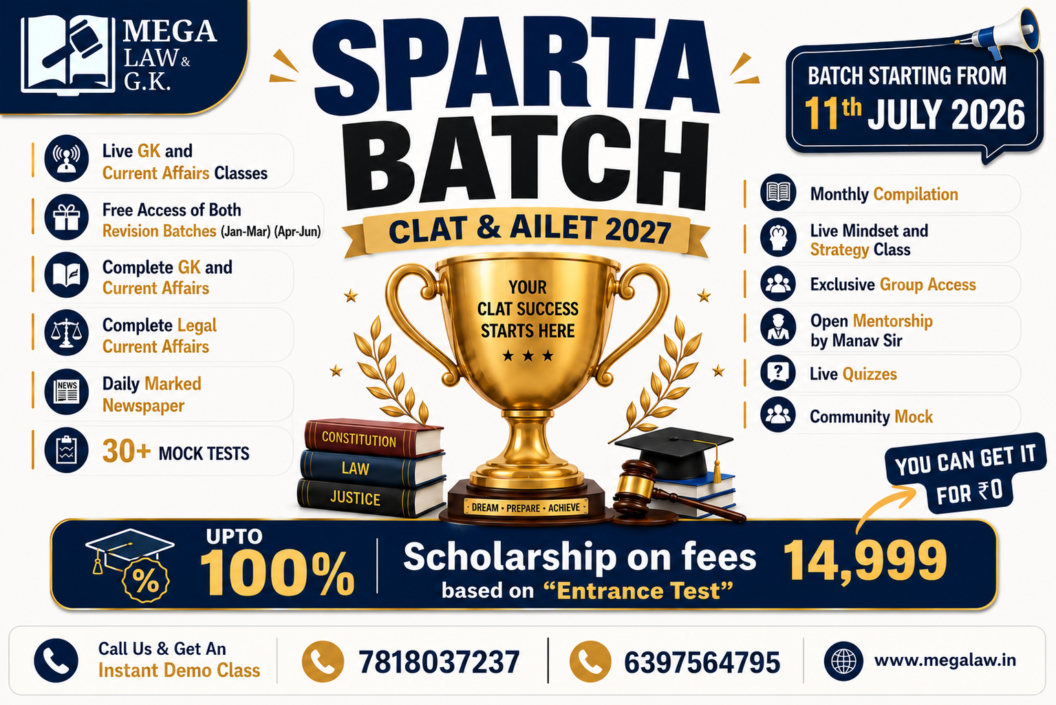 Mega Law & GK Sparta Batch 2027 for CLAT and AILET preparation with GK, Current Affairs, Legal Current Affairs, Mock Tests, Scholarship and Mentorship in Agra.