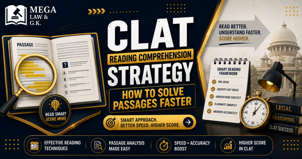 "Mega Law & G.K. ad graphic: CLAT Reading Comprehension Strategy .