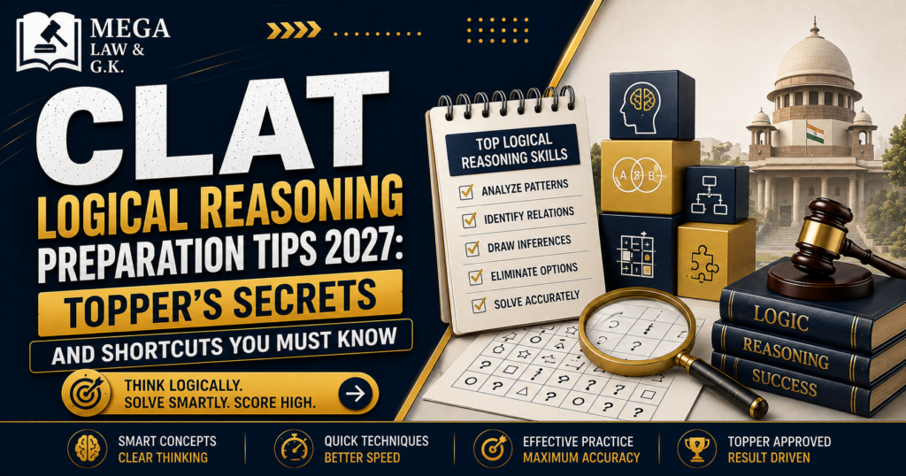 CLAT Logical Reasoning 2027 preparation guide banner by MEGA LAW & G.K.