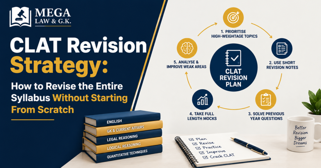 CLAT revision strategy — how to revise the entire syllabus without starting from scratch by MEGA LAW & G.K.
